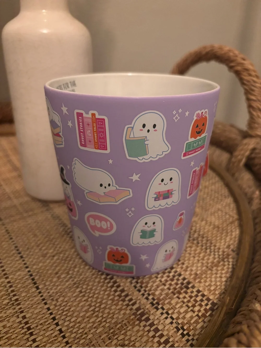 Halloween Ghosts Purple Ceramic Mug - Cute Ghost & Pumpkin Stickers